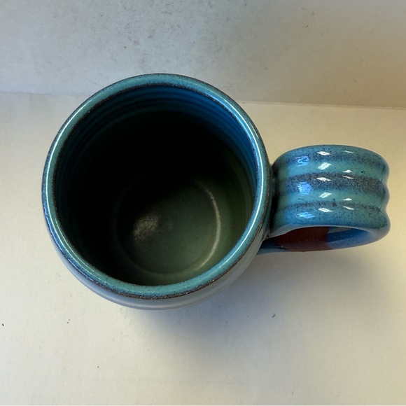Handcrafted Hand Thrown Blue Brown and White Ceramic Redware Coffee Cup Mug - Picture 5 of 10